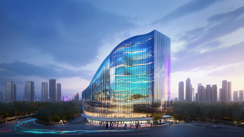 未来城市的跨境电商总部，AI助手通过全息投影与客户互动，展示最新产品推荐，大楼内部实时显示全球市场数据。