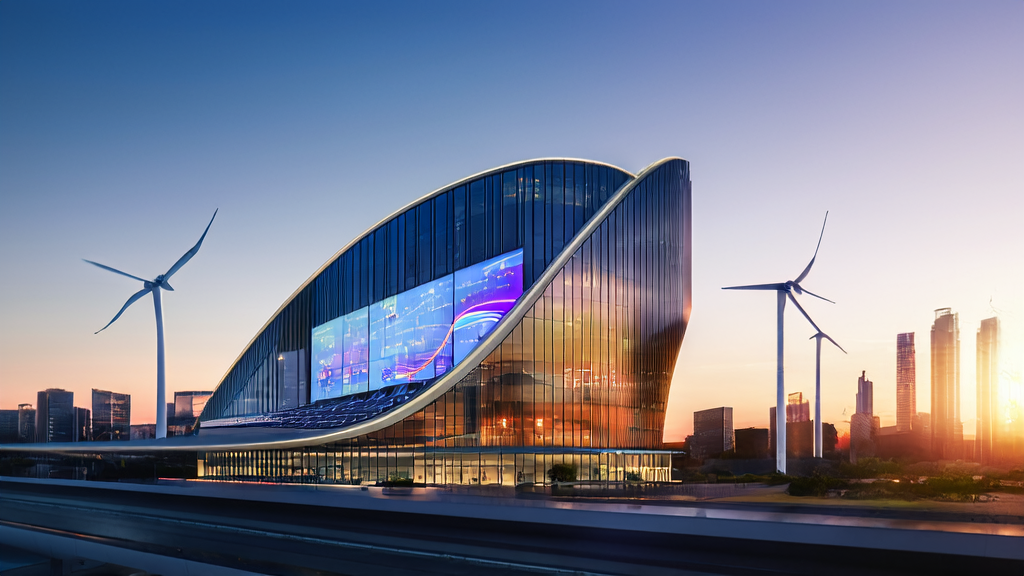 现代办公大楼展示AI获客平台和Comet浏览器，背景为新能源设施和城市天际线