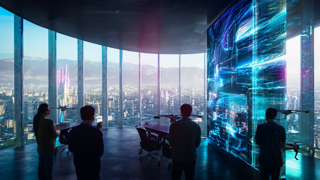 In a futuristic city office, professionals optimize ad placement using AI to precisely reach target customers and reduce CPA
