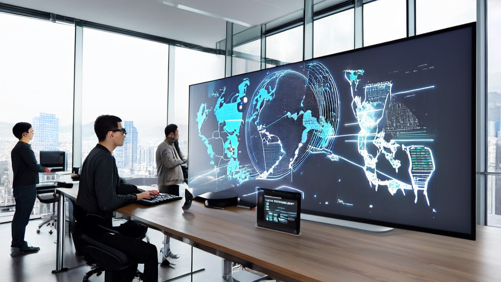 Young entrepreneurs in a modern office using AI technology for customer acquisition, with a background of global market dynamic charts