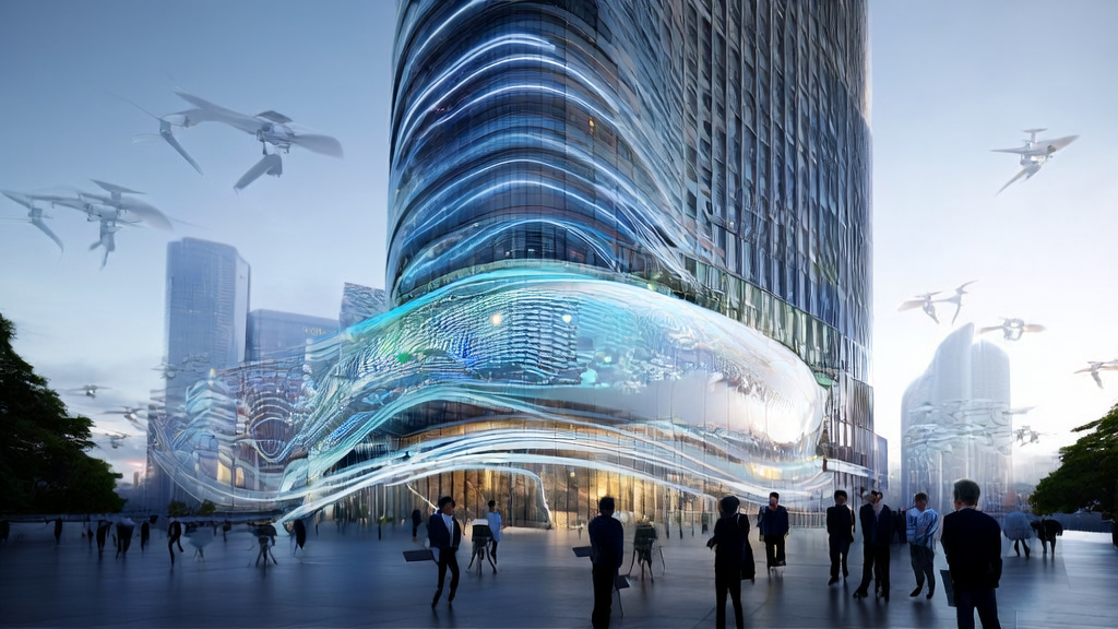 Business professionals watch a demonstration of Google DeepMind's SIMA 2 in a futuristic cityscape, showcasing the potential applications of AI technology.