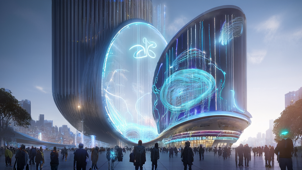 图片展示了未来城市的景象，高楼大厦中的人们与智能机器人共同工作，探讨AI获客的创新案例和策略，前景光明。