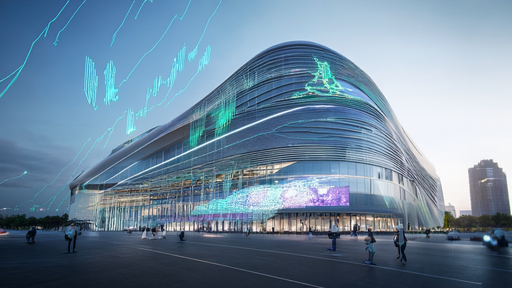 Modern office building in a futuristic city showcasing AI-powered personalized marketing and global customer interactions