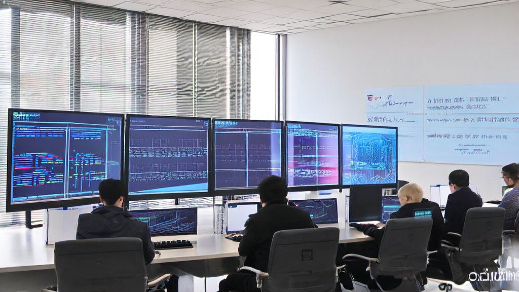 Programmers in a modern office developing AI acquisition tools, with a poster showcasing Microsoft's increased AI investment