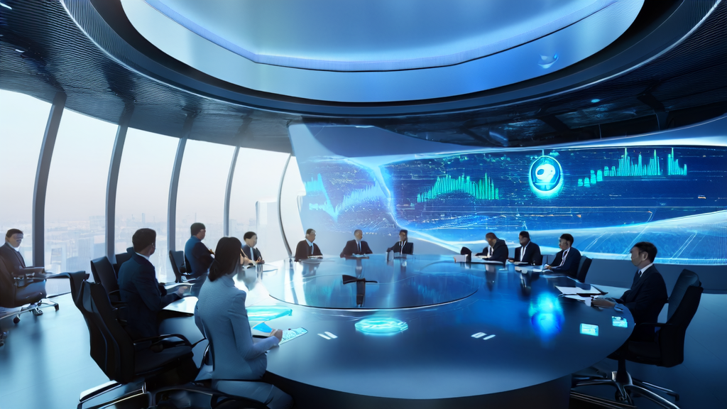 In a futuristic office, a digital human assistant is presenting AI-based high-conversion email strategies