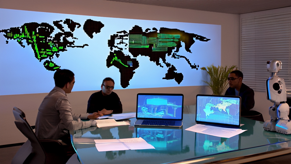 Entrepreneurs in a modern office using AI data analysis for market expansion
