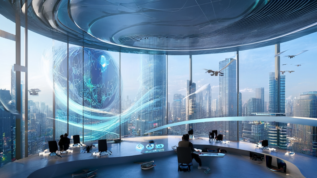 AI studio in a futuristic city where engineers are using Google AI Studio for cross-border e-commerce AI keyword optimization and application development