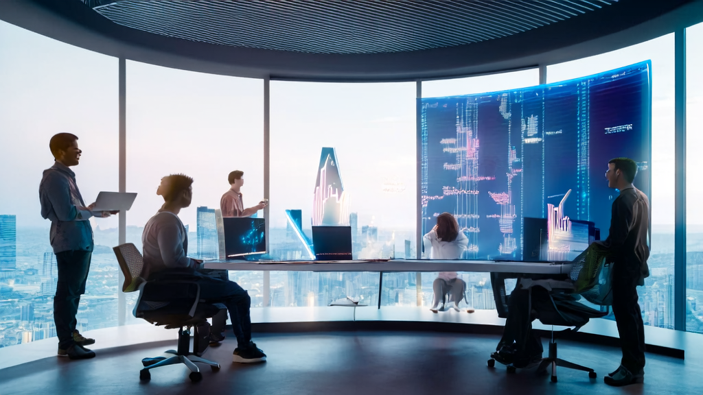 Revolutionizing enterprise acquisition methods with AI, depicting young entrepreneurs discussing AI acquisition strategies