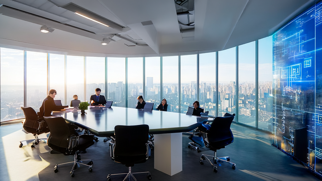 展示现代办公室中团队利用AI技术进行新型获客渠道探索的场景
