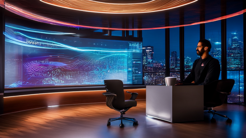 In a futuristic office, an entrepreneur is using AI technology for efficient customer acquisition and data analysis