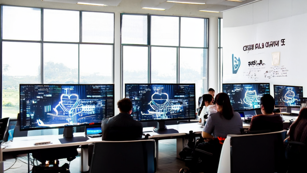 In a sunny modern office space, the team is discussing AI acquisition and large model commercialization with Kuaishou's logo and brainstorming ideas on the whiteboard.