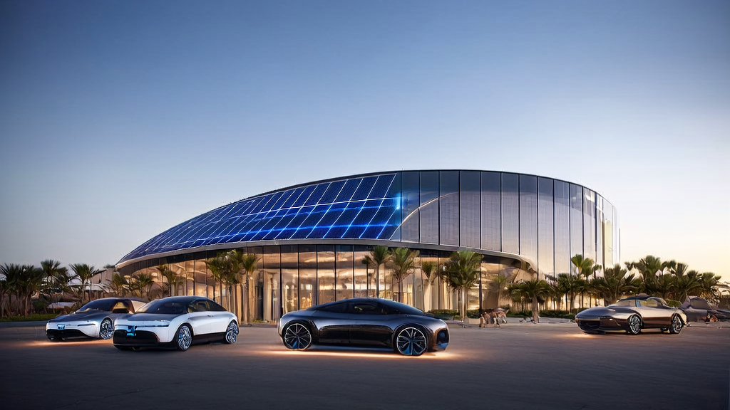 AI Acquisition Revolution in the Middle East 2025: Modern corporate office with self-driving cars and employees showcasing AI marketing tools and data analytics platforms on large smart screens