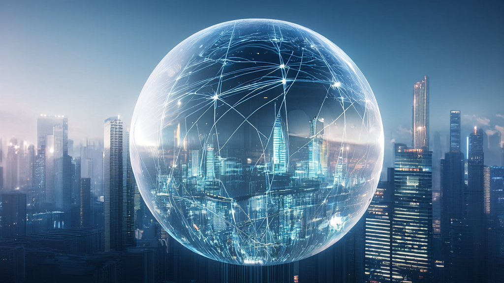 A transparent sphere in a futuristic city center showcasing the operation of an AI customer acquisition platform, surrounded by data streams and smart devices.