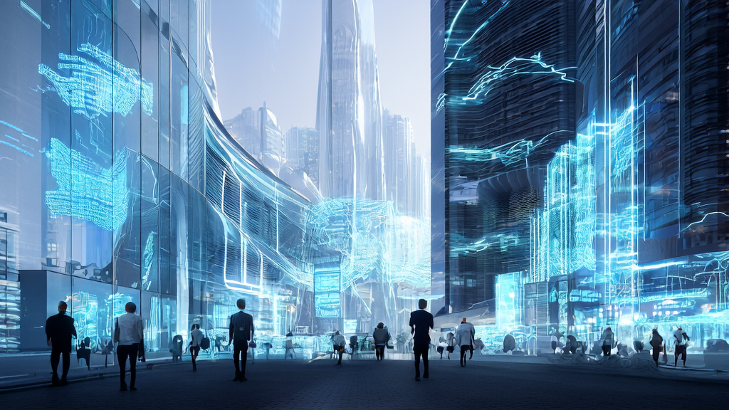 AI acquisition system in a futuristic city, showcasing high-precision customer reach and growth through advanced technology.