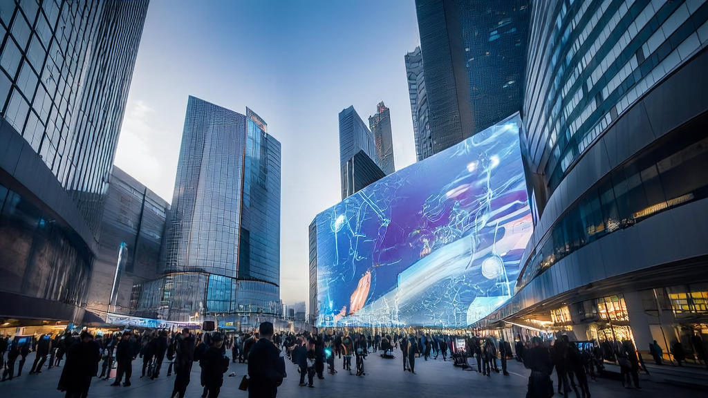 In a futuristic city, people are captivated by Luo Yonghao's digital avatar live streaming debut, while employees inside a modern office use AI prediction models to efficiently screen customer data.