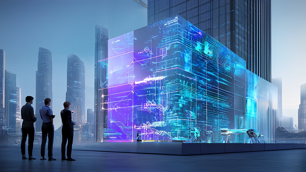 Data scientists discussing AI algorithms and customer data streams around a transparent screen, with a drone conducting intelligent data collection in the background.