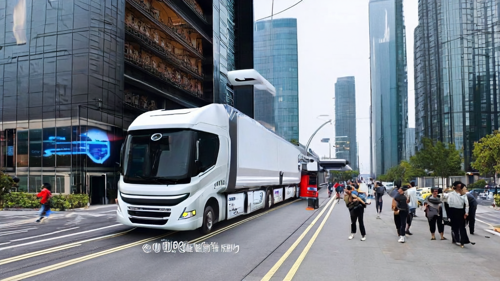 A futuristic city with JD Logistics VAN autonomous truck and AI acquisition model advertisement screen