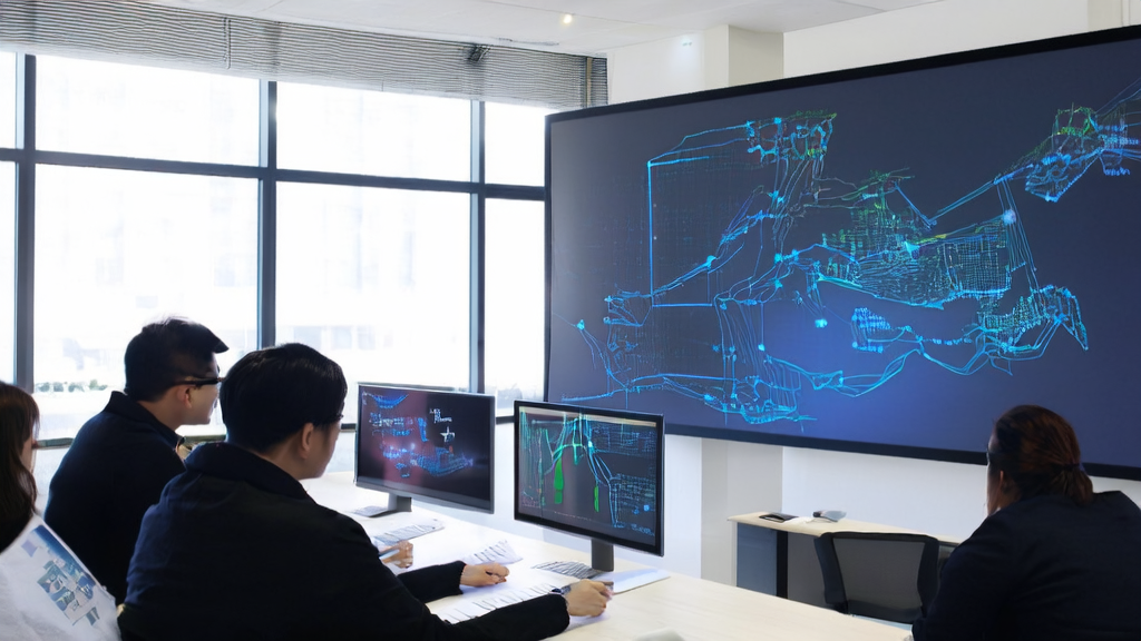 现代办公室内的员工使用AI技术进行高效获客和内容创作