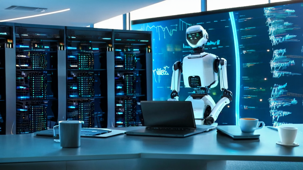 人形机器人在现代化办公室中展示AI获客技术,背景是数据图表和服务器机架
