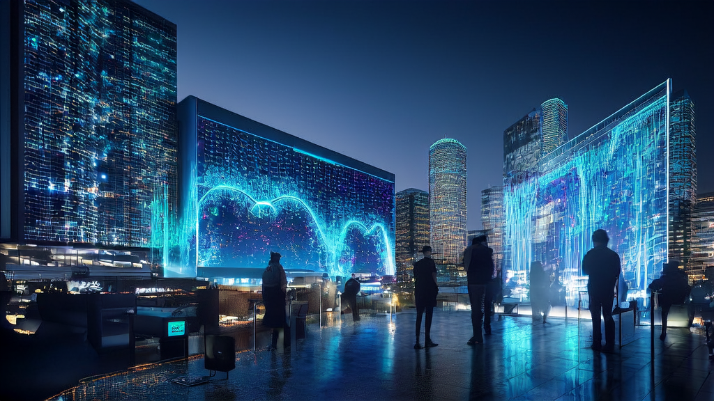 In a futuristic city, programmers use AI technology for efficient customer data cleaning and email marketing in an office building