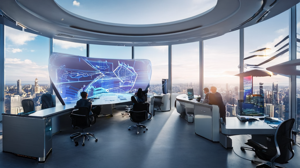 未来跨境电商公司利用AI技术进行精准获客和广告优化的现代化办公室场景