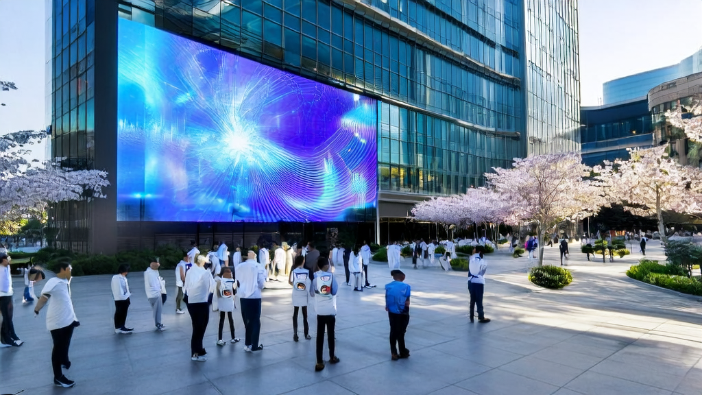 A modern office building in a sunny tech park showcases the latest collaboration results between Elastic and Jina AI, with technicians discussing AI breakthroughs.