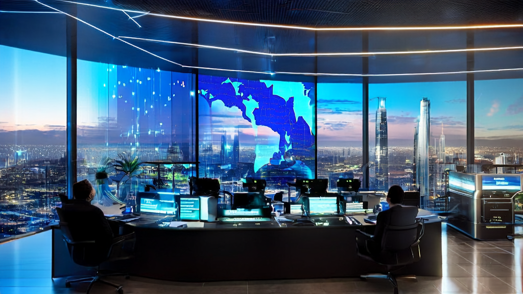 未来2025年的跨境电商办公室,展示AI技术如何助力企业实现低成本高转化的精准获客策略。