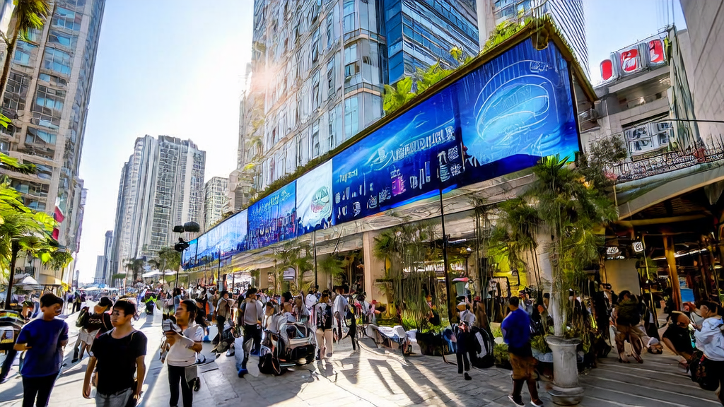 On the bustling streets of a Southeast Asian city, people stop to watch the latest AI office product demonstration, showcasing comprehensive AI-driven marketing strategies.