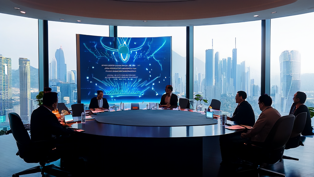 东南亚企业家在会议室中探讨AI智能推荐系统，屏幕显示火山引擎提供的域名建议