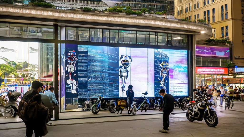 A tech company in Southeast Asia utilizing AI technology for customer data analysis and acquisition strategy optimization, with a bustling street background and a Gemini robot being debugged.