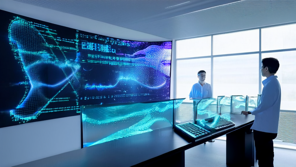 Programmers in a modern office using AI to optimize advertising strategies, with data analysis charts displayed on screens