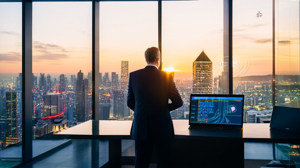 CEO of a foreign trade company uses AI technology to optimize customer acquisition in a modern office while adhering to strict regulatory policies