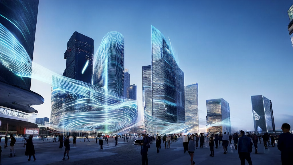 In a futuristic city, skyscrapers display precision ads on screen walls while pedestrians interact with virtual assistants for personalized recommendations.