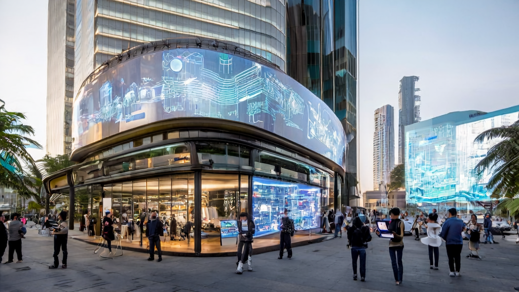 A tech company in Southeast Asia is using AI technology for precise customer acquisition, with staff interacting with clients via smart devices, showcasing data analysis and personalized recommendations.