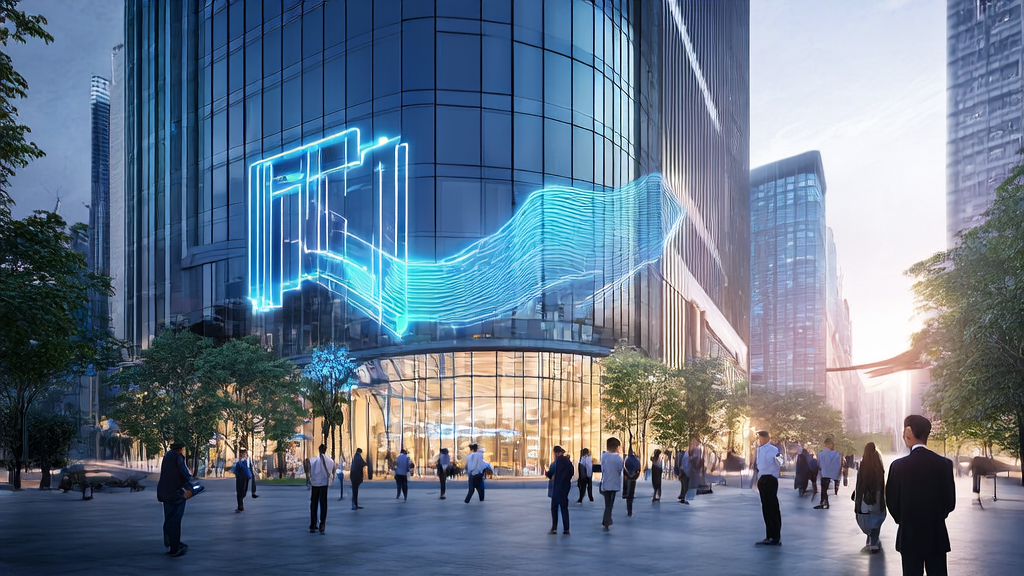 Entrepreneurs in a futuristic city utilizing MiniCPM-V4.0 to enhance AI acquisition strategies
