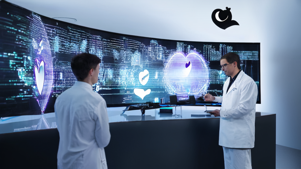 A high-tech lab in a futuristic city showcasing AI-driven customer acquisition solutions