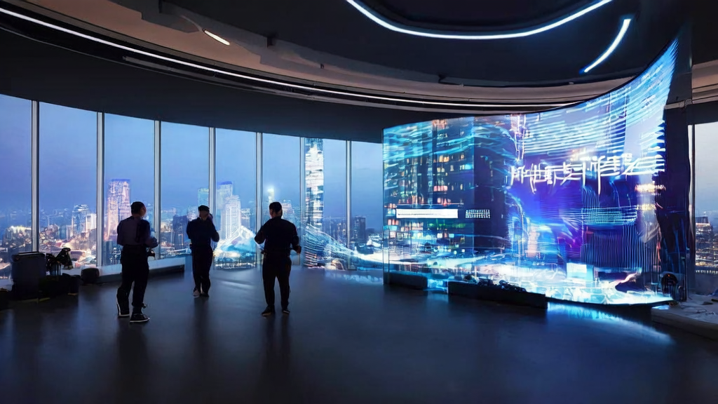 Futuristic office with technicians using Xiaomi's open-source MiDashengLM-7B model for AI acquisition strategies research
