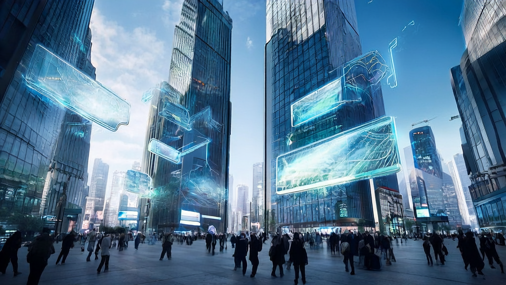 未来城市中AI优化广告投放的场景，展示智能广告牌和个性化推荐