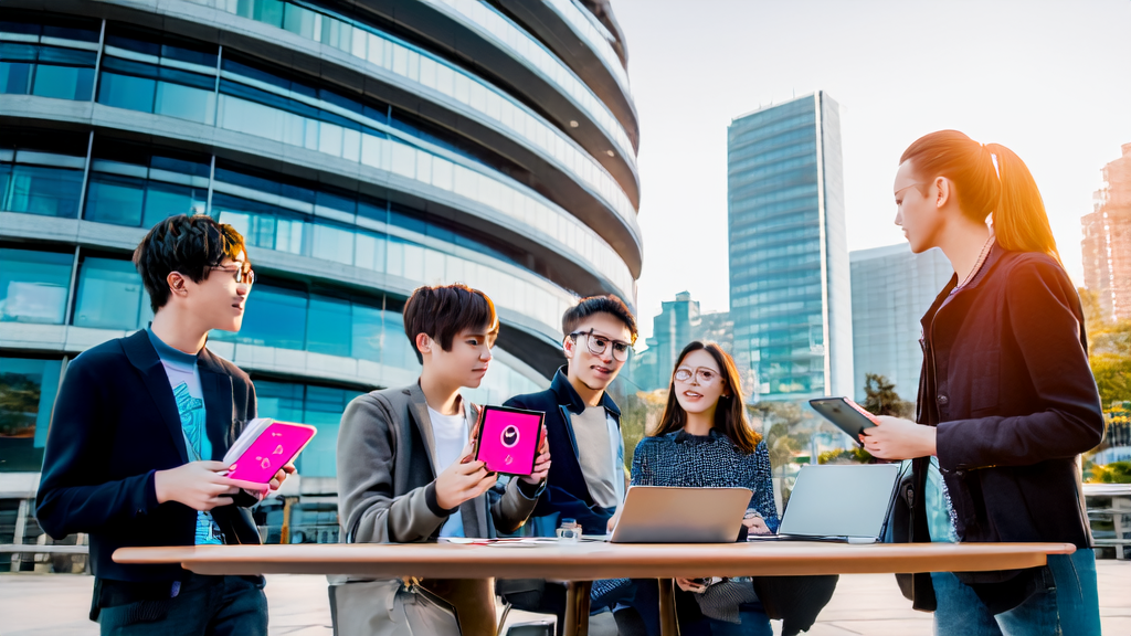 A group of young people discussing new AI acquisition strategies in front of a modern office building, with skyscrapers and an AI robot model in the background.