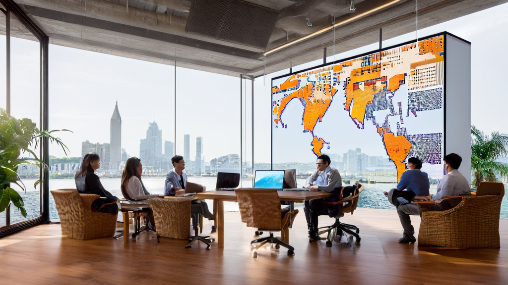 A modern Southeast Asian office bathed in sunlight, where a team is discussing AI acquisition strategies