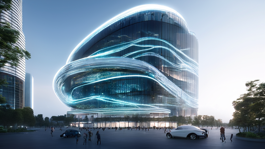 阳光下的未来城市中，独立站办公楼与北京人形XR-1机器人共同工作，展示AI技术的应用场景。