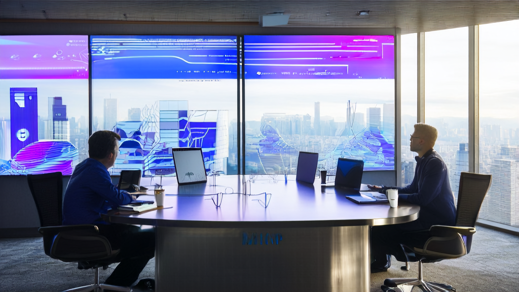 在充满科技感的办公室中，工程师们正在讨论AI优化广告投放策略，屏幕上显示着Google Labs AI助理CC的工作流程。