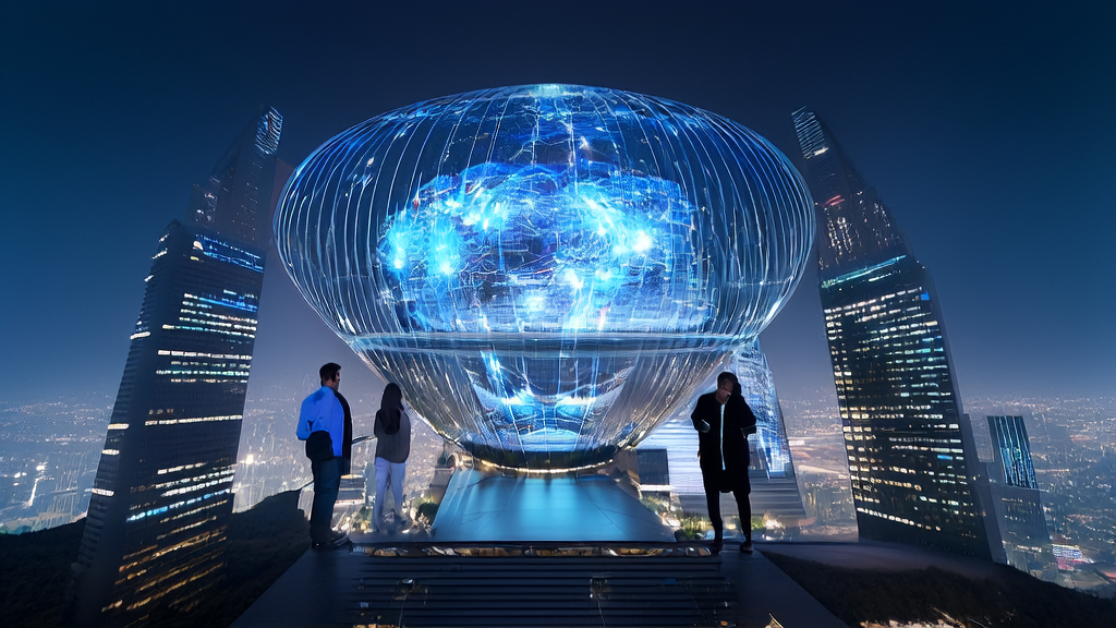 未来城市中的AI智能获客系统展示，强调科技感和创新应用