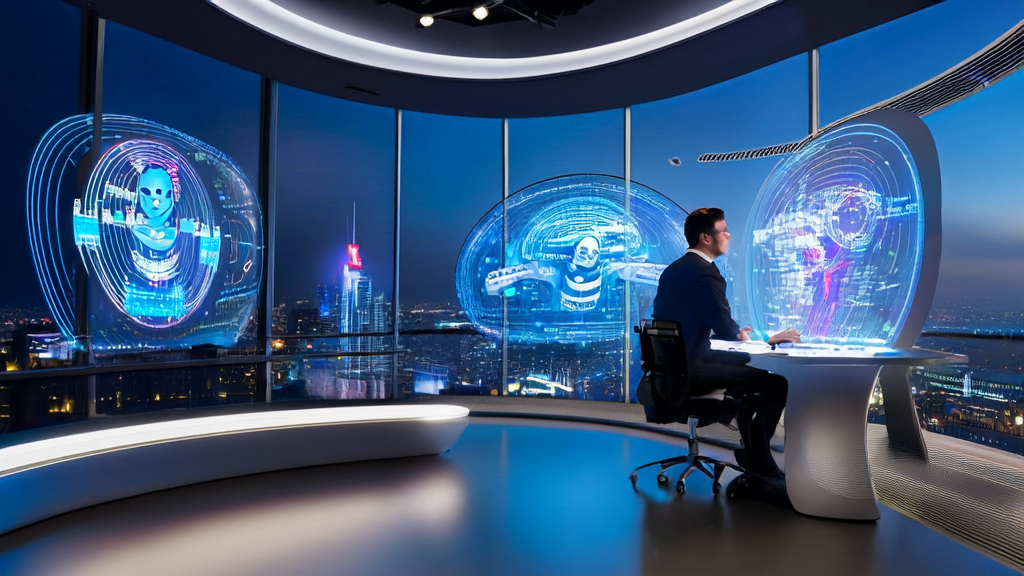 E-commerce entrepreneur analyzing global market data using AI acquisition system in a futuristic office