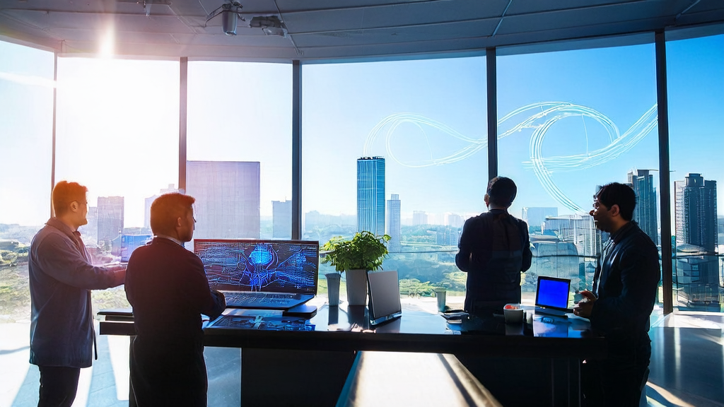 Engineers discussing AI acquisition systems in a modern office, with the architecture diagram of Ant Group's open-source large model displayed on the wall.