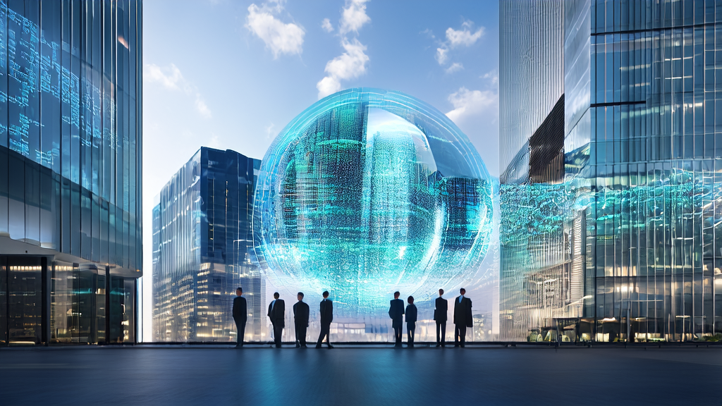 A large screen displaying the AI acquisition system in front of skyscrapers in a futuristic city, with business professionals discussing around it.