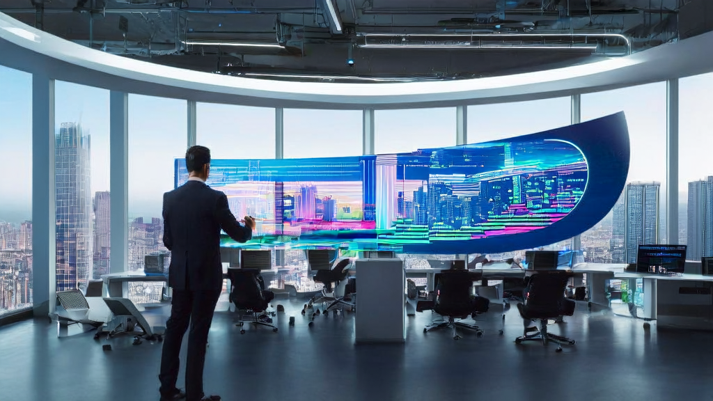 Entrepreneur using AI acquisition system for real-time data analysis in a futuristic office