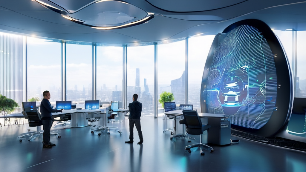 In a high-tech office of a future city, an entrepreneur uses the AI acquisition system for efficient search and voice interaction.