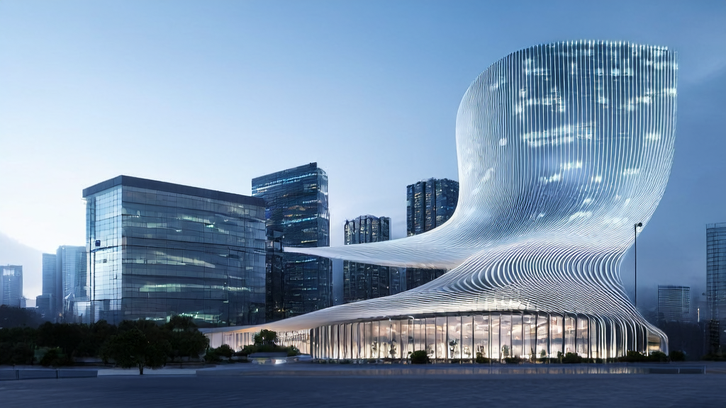 A modern urban business park showcasing the efficient operation of AI acquisition systems and Huawei UCM technology