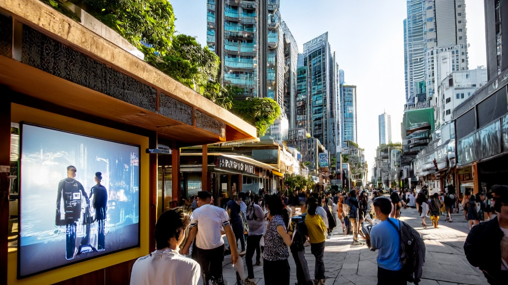 AI acquisition system showcase on a bustling Southeast Asian street, attracting young audiences